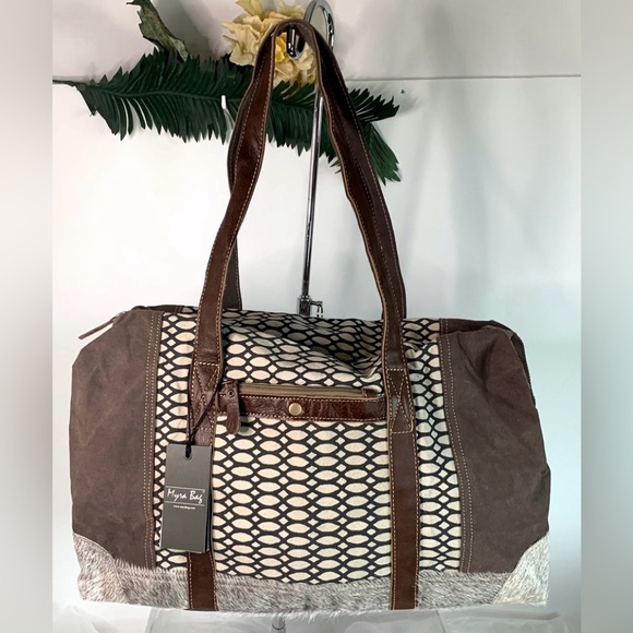 Myra Bag Honey Bee Cowhide & Upcycled Canvas Travel Bag S-1158 - Picture 1 of 5